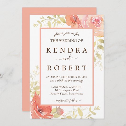 Koraalroze Elegant Roos Floral Weddenschap Kaart (Voorkant / Achterkant)