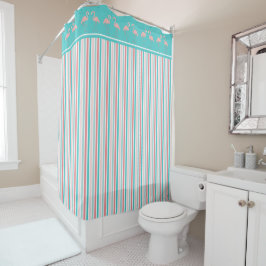 Koraalroze en Aqua Stripes met Flamingo Border Douchegordijn
