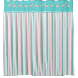 Koraalroze en Aqua Stripes met Flamingo Border Douchegordijn