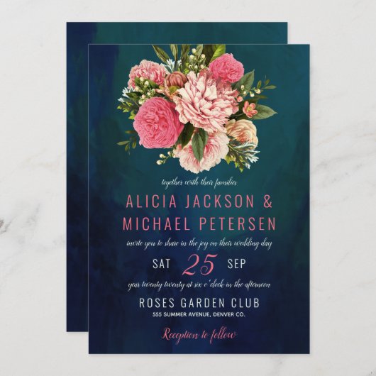 Koraalroze en blozende bloemenboeket moody bruilof kaart (Voorkant / Achterkant)