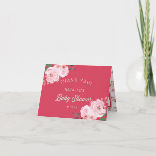 Koraalroze en groene bloemige baby shower bedankje notitiekaartje