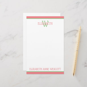Koraalroze en groene monogram briefpapier