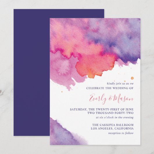 Koraalroze en Paarse Abstracte Waterverf bruiloft Kaart (Voorkant / Achterkant)