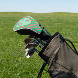 Koraalroze en pastelgroene geruite monogram golfheadcover