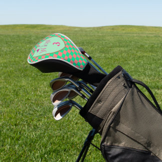 Koraalroze en pastelgroene geruite monogram golfheadcover