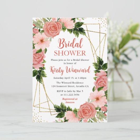 Koraalroze en rode rozen en goudLijst Vrijgezellen Kaart (Staand voorkant)