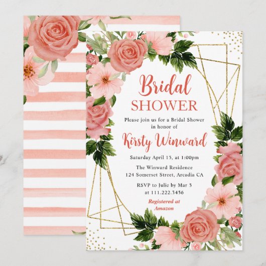 Koraalroze en rode rozen en goudLijst Vrijgezellen Kaart (Voorkant / Achterkant)