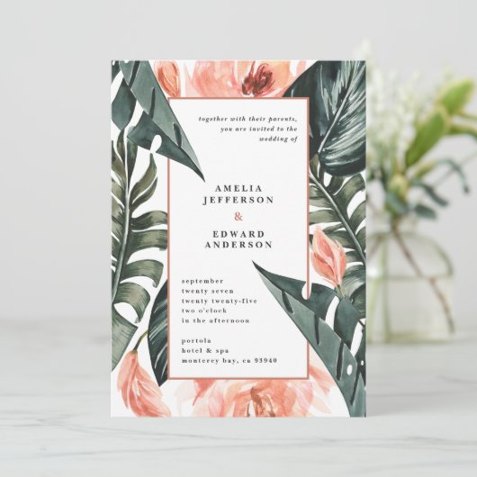 Koraalroze en tropische bladbladeren bruiloft (Staand voorkant)