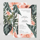 Koraalroze en tropische bladbladeren bruiloft (Voorkant / Achterkant)