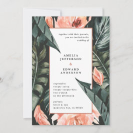 Koraalroze en tropische bladbladeren bruiloft