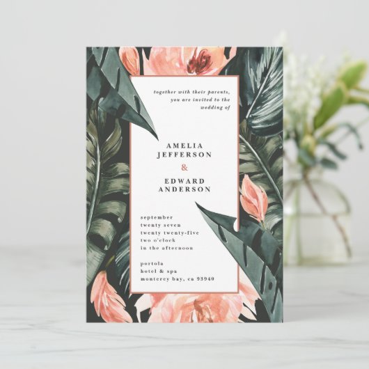 Koraalroze en tropische bladbladeren bruiloft (Staand voorkant)