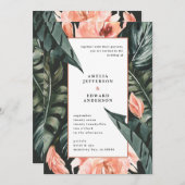 Koraalroze en tropische bladbladeren bruiloft (Voorkant / Achterkant)