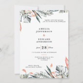 Koraalroze en tropische bladbladeren bruiloft (Voorkant)