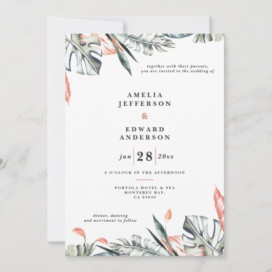 Koraalroze en tropische bladbladeren bruiloft (Voorkant)