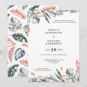 Koraalroze en tropische bladbladeren bruiloft (Voorkant / Achterkant)