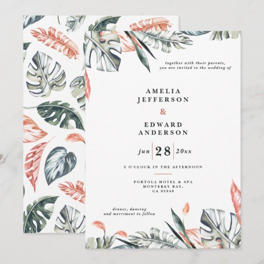 Koraalroze en tropische bladbladeren bruiloft (Voorkant / Achterkant)