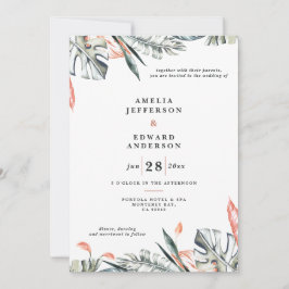 Koraalroze en tropische bladbladeren bruiloft