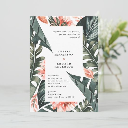 Koraalroze en tropische bladbladeren bruiloft (Staand voorkant)
