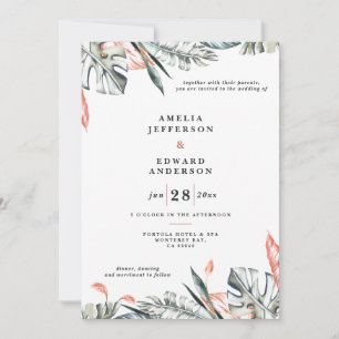 Koraalroze en tropische bladbladeren bruiloft