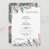 Koraalroze en tropische bladbladeren bruiloft (Voorkant / Achterkant)