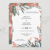 Koraalroze en tropische bladbladeren bruiloft (Voorkant / Achterkant)