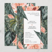 Koraalroze en tropische bladbladeren bruiloft (Voorkant / Achterkant)