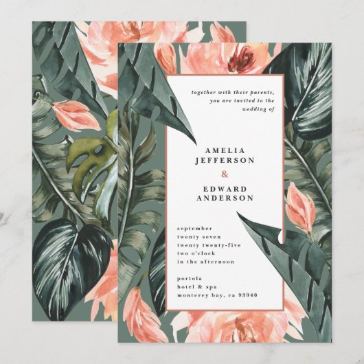 Koraalroze en tropische bladbladeren bruiloft (Voorkant / Achterkant)