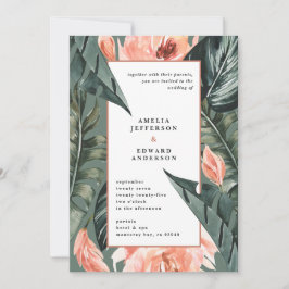 Koraalroze en tropische bladbladeren bruiloft