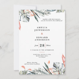 Koraalroze en tropische bladbladeren bruiloft