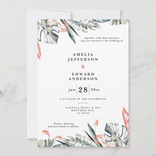 Koraalroze en tropische bladbladeren bruiloft (Voorkant)