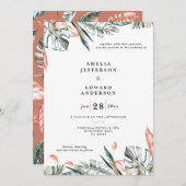 Koraalroze en tropische bladbladeren bruiloft (Voorkant / Achterkant)