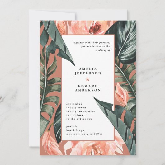 Koraalroze en tropische bladbladeren bruiloft (Voorkant)