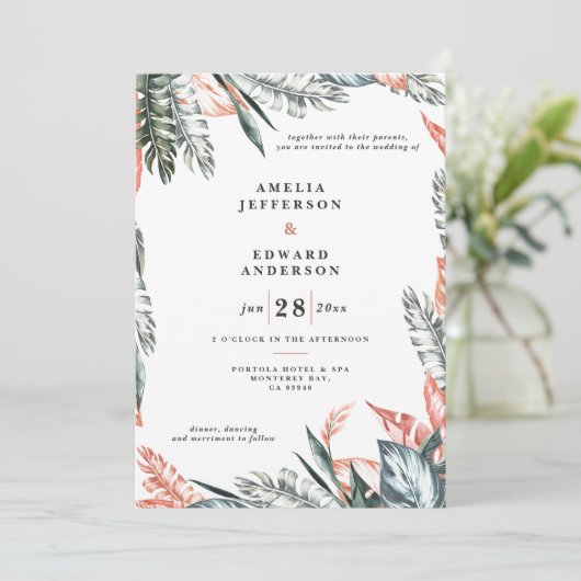 Koraalroze en tropische bladbladeren bruiloft (Staand voorkant)