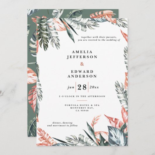 Koraalroze en tropische bladbladeren bruiloft (Voorkant / Achterkant)