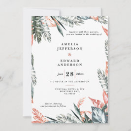 Koraalroze en tropische bladbladeren bruiloft