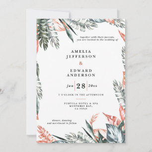 Koraalroze en tropische bladbladeren bruiloft