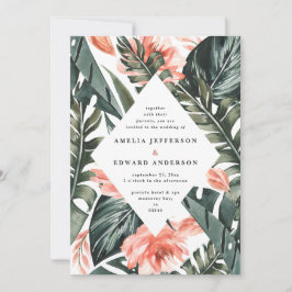 Koraalroze en tropische bladbladeren bruiloft