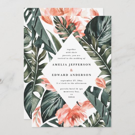 Koraalroze en tropische bladbladeren bruiloft (Voorkant / Achterkant)