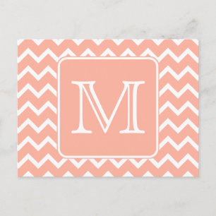 Koraalroze en witte Chevron met aangepast monogram Briefkaart