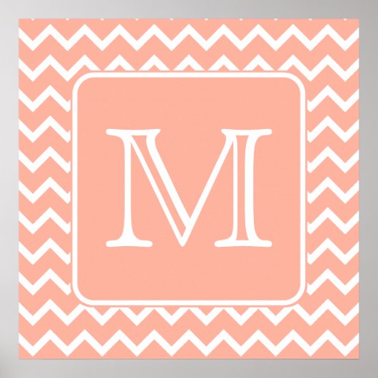 Koraalroze en witte Chevron met aangepast monogram Poster (Voorkant)