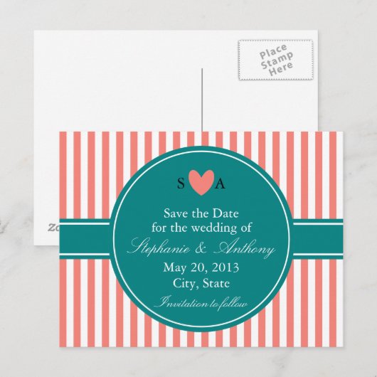 Koraalroze en witte strepen, Blauwgroen sparen de Aankondigingskaart (Voorkant / Achterkant)