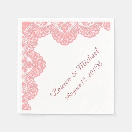 Koraalroze faux kant op het witte huwelijk servetten (Voorkant)
