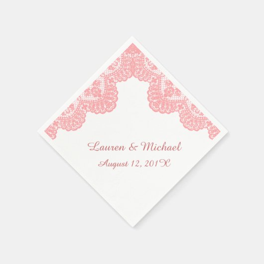 Koraalroze faux kant op het witte huwelijk servetten (Hoek)