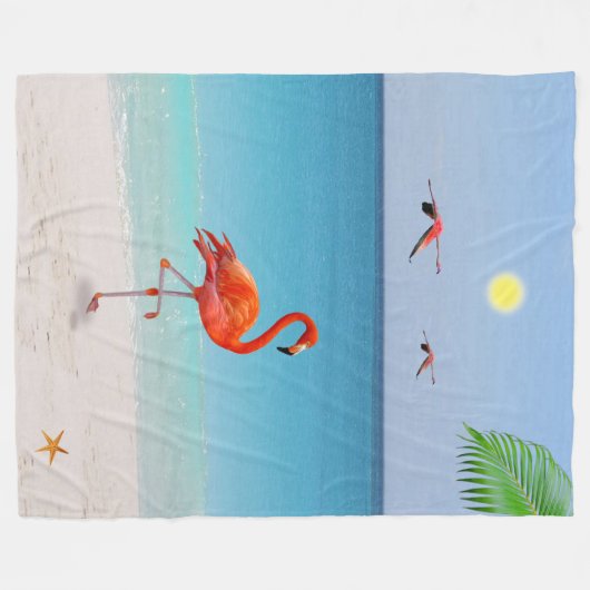 Koraalroze flamingo's en palmleder op het strand fleece deken (Voorkant (Horizontaal))