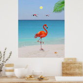 Koraalroze flamingo's en palmleder op het strand poster (Keuken)