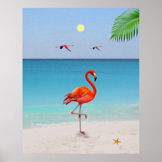 Koraalroze flamingo's en palmleder op het strand poster (Voorkant)
