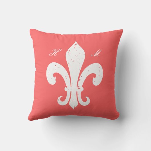 Koraalroze Fleur de lis monogram werpkussen Kussen (Achterkant)