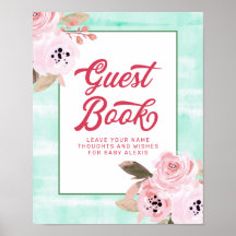 Koraalroze Floral Baby shower Guest Book Sign