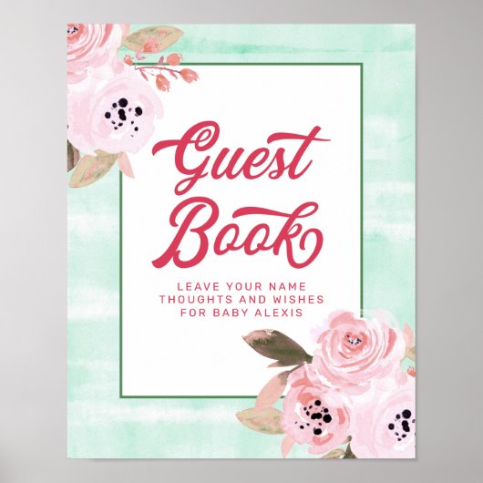 Koraalroze Floral Baby shower Guest Book Sign Poster (Voorkant)