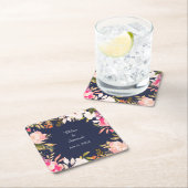 Koraalroze Floral Border op marineblauw huwelijk Kartonnen Onderzetters (Insitu)